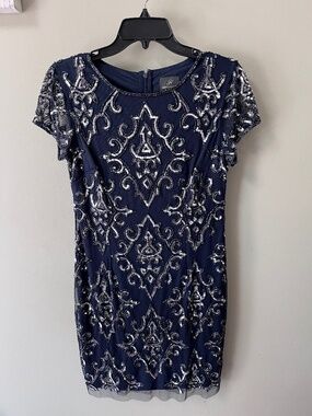Adrianna Papell Women's Beaded & Sequence Cap-Sleeve Dress/Navy/Size 6 Petite